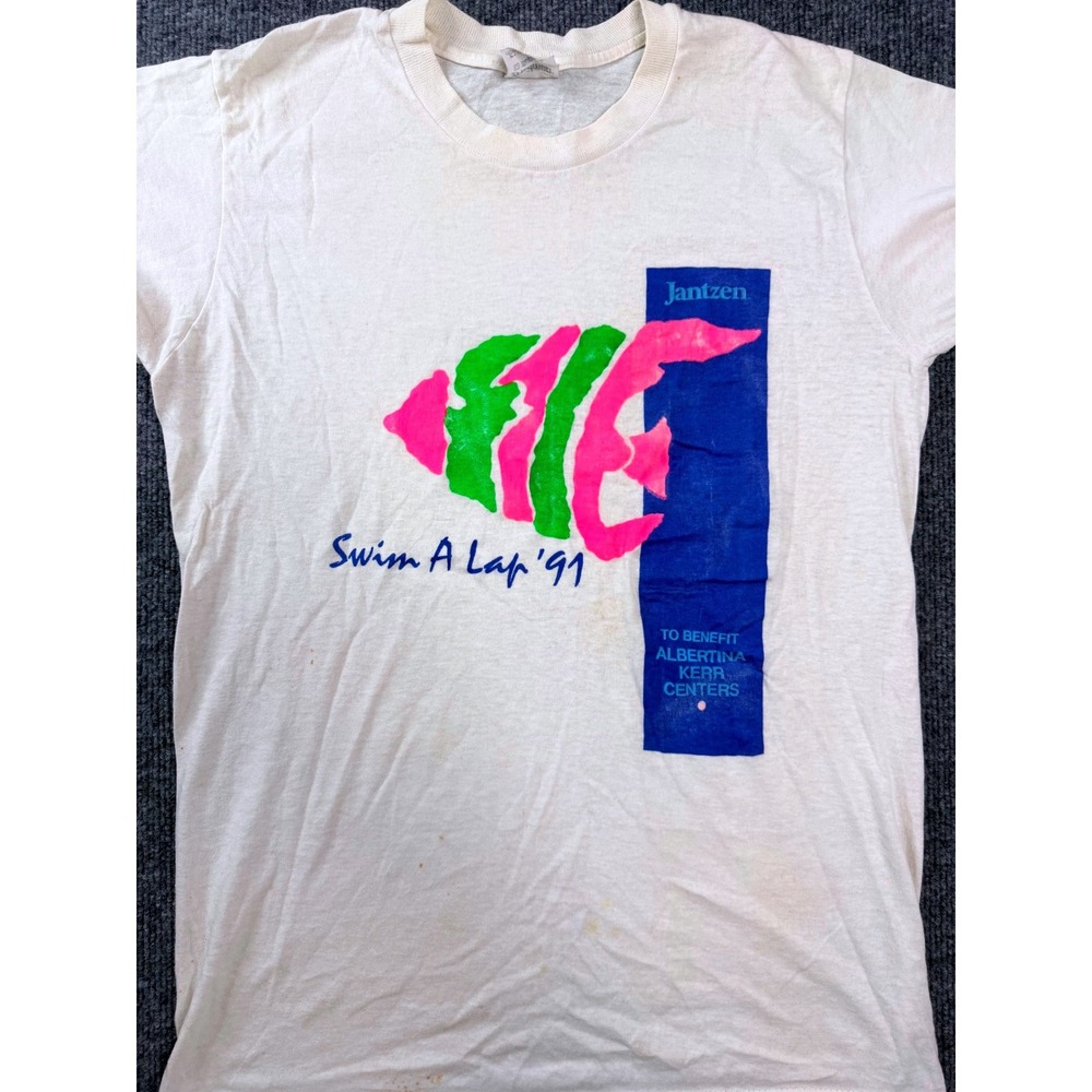 Vintage 1991 Stedman Swim A Lap T Shirt Mens Medium White 90s Made in USA Fish